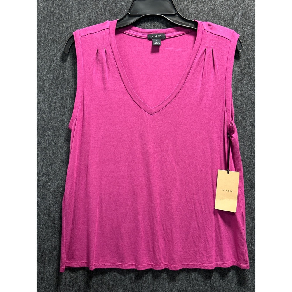 Halogen‎ V-Neck Tank Top Women M Pink New Pleated Shoulder Sleeveless Summer Tee